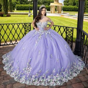 Lavendel Uit de schouder Quinceanera Jurken Luxe Applique Kant Tule Dromerige Fee Tule Verjaardagsfeestje 16 Jurk vestidos de 15