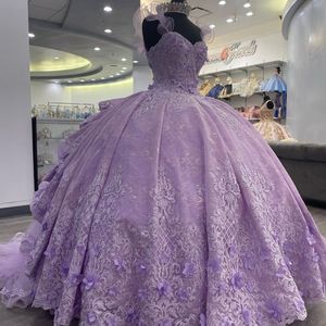 Lavande Organza Sexy Spaghetti Strap Robes De Quinceanera Robe De Bal Appliques Perlée 3DFlower Robe De Fête D'anniversaire Vestidos De 15 Anos