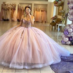 Lavendel Pink Princess Quinceanera Dresses Off Shoulder Appliques Glitter Lace-Up Corset Vestidos de 15 Anos Birthday Prom Gown