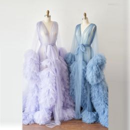 Lavendel Zwangere Dames Prom Dresses Volledige Mouwen Tiered See Thru Moederschap Photoshoot Dressfor Baby Shower Blue Illusion Avondjurk