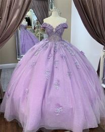 Robe de bal de balle Lavender Princess Quinceanera Appliques de fleurs en perles Crystals Sweet Robe Vestidos de Anos Lace Up Prom Party Gowns