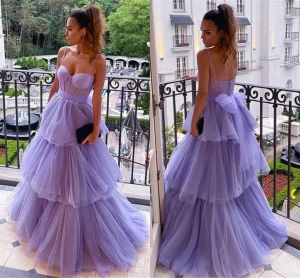 Lavendel prinses prom jurken lagen ruches met boog terug avondjurken een lijn spaghetti banden vrouwen bruidsmeisje feest gelegenheid draagt ​​bc15021