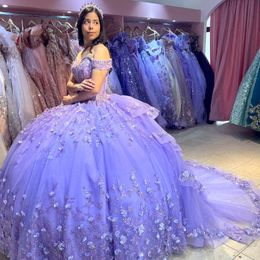 Robe princesse Quinceanera lavande, épaules dénudées, motif Floral 3D, perles appliquées, Gillter, 15 ans, robe de bal, douce 16 ans