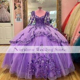 Lavendel Princess Quinceanera Dresses 2022 Applique Lace-Up Corset Sweet 16 Jurk lange mouwen Vestidos de 15 anos