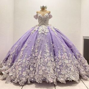 Lavendel Princess Quinceanera Dresses 3D Flowers Appliques Lace-Up Corset Prom Sweet 16 Princess Dress Vestidos de 15 anos