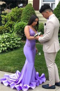 Lavendel prom jurken Afrikaanse meisjes sexy zeemeermin Deep V nek avondjurken met kralen Appliques Junior Teens Graduation Party Dress 2023 BC15344