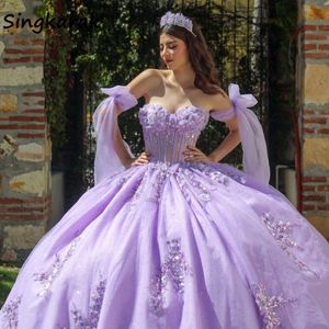 Lavender Purple Princess Ball Robe Quinceanera Robes Ribbons Fleurs Fleurs Appliques de dentelle Vestidos de 15 Anos Sweet 16e robe