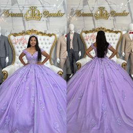 Lavendel paarse prinses jurken off schouderglitter pailletten applices vestido de quinceanera tule zoet 15 maskerade jurk