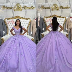 Lavendel paarse prinses quinceanera jurken off shoulder glitter pailletten applicaties vestido de quinceanera Tule Sweet 15 Maskerade Jurk