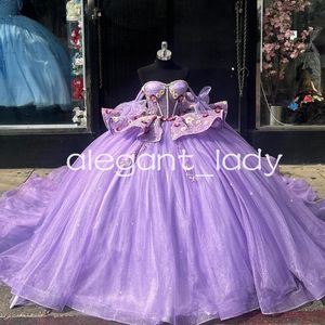 Lavendel Paars Prinses Quinceanera Jurken Gillter Sparkly 3D Bloemen Uitbenen Puplum vestidos de 15 anos Prom Sweet 16 Gown