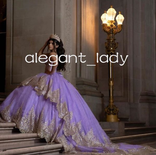 Lavande violet princesse Quinceanera robes brillant désossage Gillter Applique vestido de 15 anos robe de bal Corset à lacets