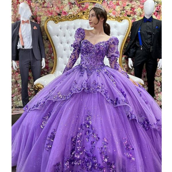 Robes de Quinceanera violet lavande robe de bal mascarade princesse fille perles fleurs longues douce 16 robes de bal pour 15 ans