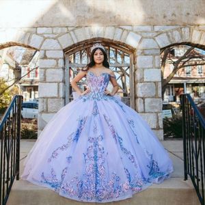 Lavande Quinceanera Robe 2021 Hors De L'épaule Appliques Paillettes Arc Princesse À Lacets Doux 16 Robe De Bal Robes De 15 A os258W