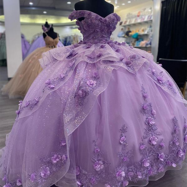 Robe de Quinceanera lavande 3D fleurs appliques dentelle pour 15 filles bal robes formelles hors de l'épaule beauté vestidos de 15
