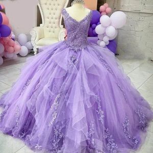 Lavendel Quinceanera Jurken 2023 Kant Appliqué V-hals Ruches Korset Terug Strik Op Maat Gemaakt Tule Sweet 15 16 Prinses Optocht Baljurk vestidos estidos