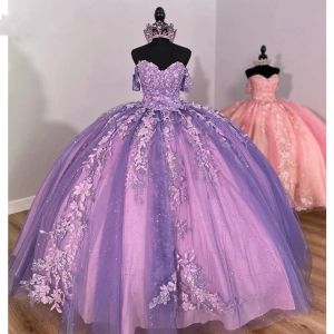 Lavendel Quinceanera Dresses 3D Floral Lace Applique Mouwloze kralen vloerlengte riemen Tule Corset Back Sweet 16 Party Prom Ball Evening Vestidos 403 403