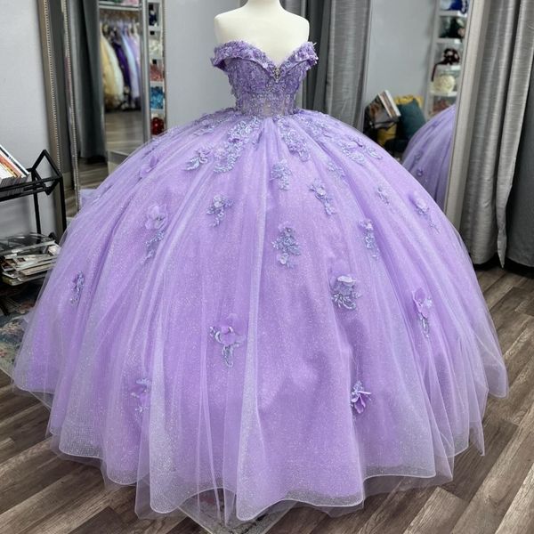 Lavender Quinceanera Robes Appliquez perlé 3D Fleurs de la robe de bal épaule Vestidos de 15 anos Sweet 16 Birthday Party Fiesta