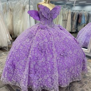 Lavendel Quinceanera Jurken Verjaardagsfeestje Elegante Boog Kristallen Pailletten Glanzende Tule Avond Galajurken voor Dames Baljurk