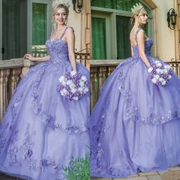 Lavendel Quinceanera Dresses Lace Applique Beakjes Handgemaakte bloemen Tiered korset Mouwloze TULLE aangepaste zoete prinses Pageant Ball Gown Vestidos