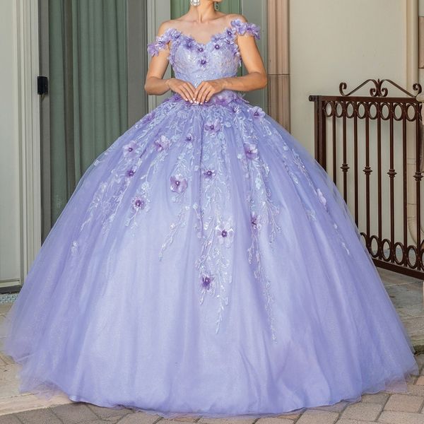 Vestidos De quinceañera lavanda con hombros descubiertos, vestido De graduación Medieval, apliques De flores 3D, vestido De tul con cordones, bata De 15 Anos