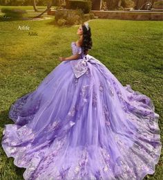Lavendel Quinceanera -jurken met boogapplique Vestidos de 15 anos tuLle Lace kralen Mexicaanse meisjes verjaardagsjurken 0515