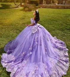 Lavendel Quinceanera Jurken met Strik Applique Vestidos De 15 Anos Tule Kant Kralen Mexicaanse Meisjes Verjaardag Jurken