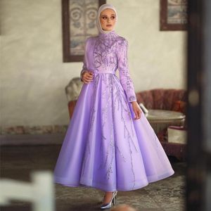 Lavendel lovertjes prom -jurken Appliqued moslim avondjurken met Hajib lange mouwen hoge halslijn enkellengte organza speciale gelegenheid formele slijtage