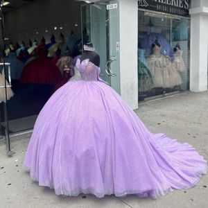 Lavande Sexy Sans Bretelles Brillant Quinceanera Robes Doux 16 Robe De Bal De L'épaule Cristal Parti Princesse À Lacets Dos