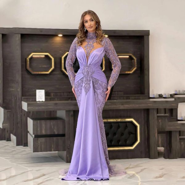 Vestidos de noche de tubo de lavanda, vestido formal de manga larga con cuello alto, apliques de encaje Peplum, vestido de fiesta de satén 326 326