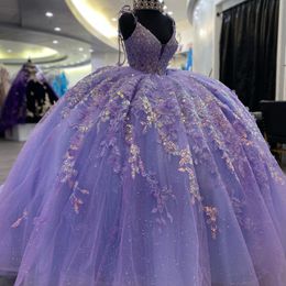 Robe De Bal Brillante Lavande Quinceanera Robes Applique Dentelle Perlée Celebrity Robes De Soirée Paillettes Graduation Robe De 15 Anos Robe De