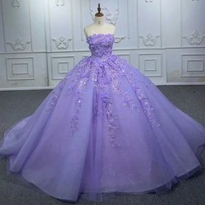 Lavande brillant hors épaule Appliques dentelle Corset 3D fleurs volants robe de bal robes de Quinceanera Vestidos Para XV Anos