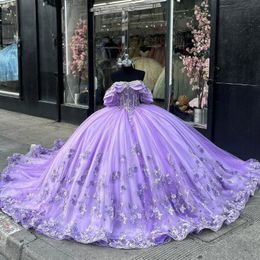 Robe de Quinceanera à épaules dénudées, lavande, brillante, robe de bal, avec des appliques florales, en dentelle, en tulle, robe de princesse, robe de soirée douce de 15 ans