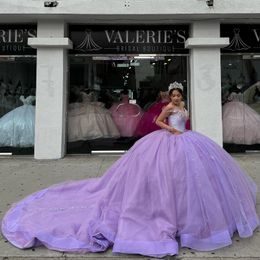 Lavande Brillant Princesse Quinceanera Robes Hors Épaule Applique Perles Cristal Robe De Bal Robe De 15 VX Anos Prom Party Wear 2024