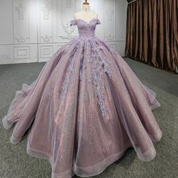 Lavande Brillant Princesse Quinceanera Robes Hors Épaule 3D Applique Floral Perlé À Lacets Corset Prom Meninas Vestidos De 15 Anos