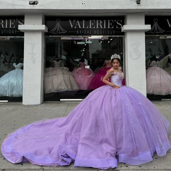 Lavande Brillant Princesse Quinceanera Robes Hors Épaule Applique Perles Cristal Robe De Bal Robe De 15 VX Anos Prom Party Wear 2024
