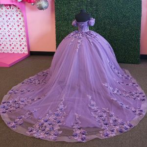 Lavendel glanzende Quinceanera jurk uit de schouder kant applique kralen Mexicaanse Sweet 16 vestidos de XV 15 anos bal formele toga's