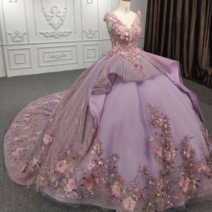 Lavande brillant Sexy col en v robe de Quinceanera cristal perlé brodé Appliques 3DFlower robes de Cocktail vestidos de 15