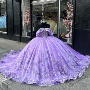 Lavendel Glanzende vestidos de 15 anos quinceanera jurken 2024 kant applique tull pailletten uit de schouder sweet 16 prom jassen