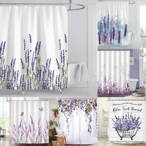 Rideau de douche lavande avec crochets, tissu Polyester imperméable, plante florale violette, rideaux de baignoire pour salle de bain, 240320