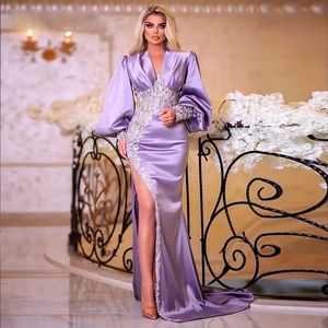 Lavendel Side Split Mermaid Prom Jurken V-hals Kralen Manchet Mouw Feestjurken Puffy Sleeves Satin Robe de Soiree