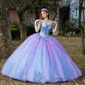 Lavendel Sky blauw van de schouder Quinceanera jurk baljurk kanten applique kristal tull corset zoet 16 Vestido de 15 anos