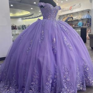 Lavanda brillante princesa fuera del hombro Vestidos De quinceañera 2024 Sexy cuello pico Apliques De encaje dulce 16 vestido De baile Vestidos De 15 anos