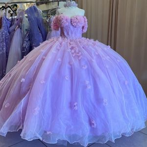 Lavande Sweetheart Ball Robe Quinceanera corset fleur perles paillettes Tull Sweet 16 Vestidos de robe de xv 15 anos 0417