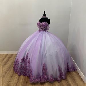 Lavendel Sweetheart Off Shoulder Pearls Beading Quinceanera Dresses Ball Jurk Appliques Lace Crystal Corset Vestidos de XV