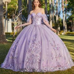 Robe de Quinceanera à épaules dénudées, lavande, robe perlée, avec des Appliques de fleurs, en tulle, robes de Cocktail, 15