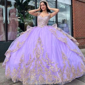 Lavendel Sweetheart Prinses Quinceanera Jurken Baljurk Goud Kant Applicaties Kralen Sweet 16 Prom Dress Vestidos De 15 Anos