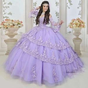 Lavendel tiere quinceanera jurken afneembare dichter mouw zoet 16 prom jurken kanten appliques vestidos de 15 anos 0516