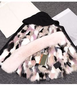 Parka femme en fourrure de raton laveur rose somptueuse marque MMI rose blanc gris mini veste en toile noire doublée de fourrure de renard multicolore