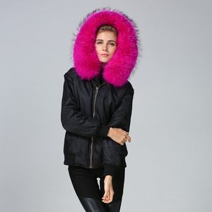 Lavish rose raccoon furs trim hoody mujer nieve parka Meifeng marca piel de conejo forrada negro bomber nylon chaqueta