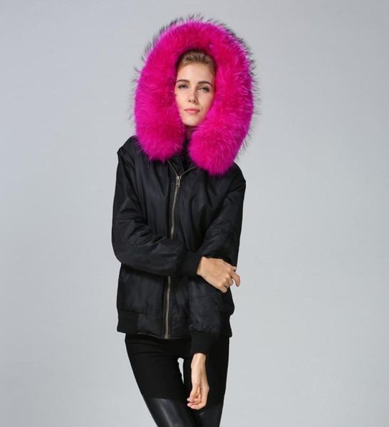 Parka de nieve para mujer con capucha y adorno de pieles de mapache rosa lujosa marca Meifeng chaqueta bomber negra forrada en piel de conejo de nailon 3528074